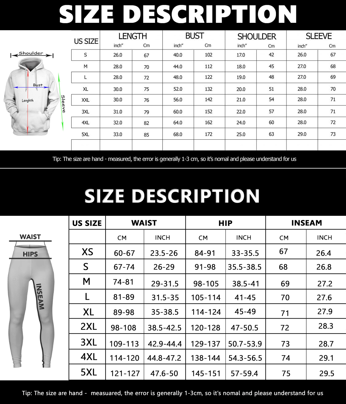 Size chart hoodie t-shirt legging new